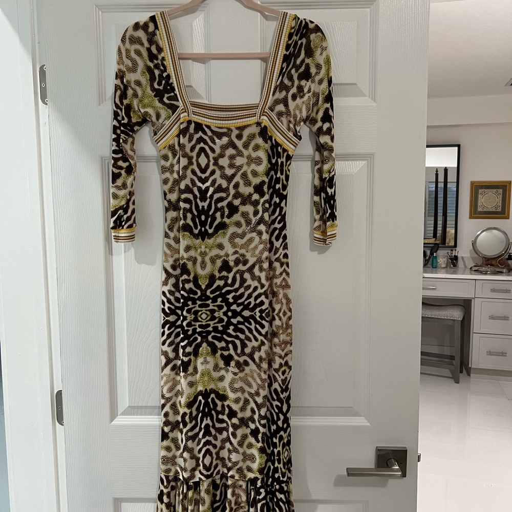 Just Cavalli Green and Brown Patterned Long Sleeve Dress